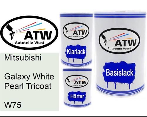Mitsubishi, Galaxy White Pearl Tricoat, W75: 500ml Lackdose + 500ml Klarlack + 250ml Härter - Set, von ATW Autoteile West.